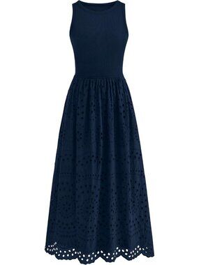 Women's Dress Maxi Navy Blue Crew Neck Short Sleeveles Pockets A Line Summer